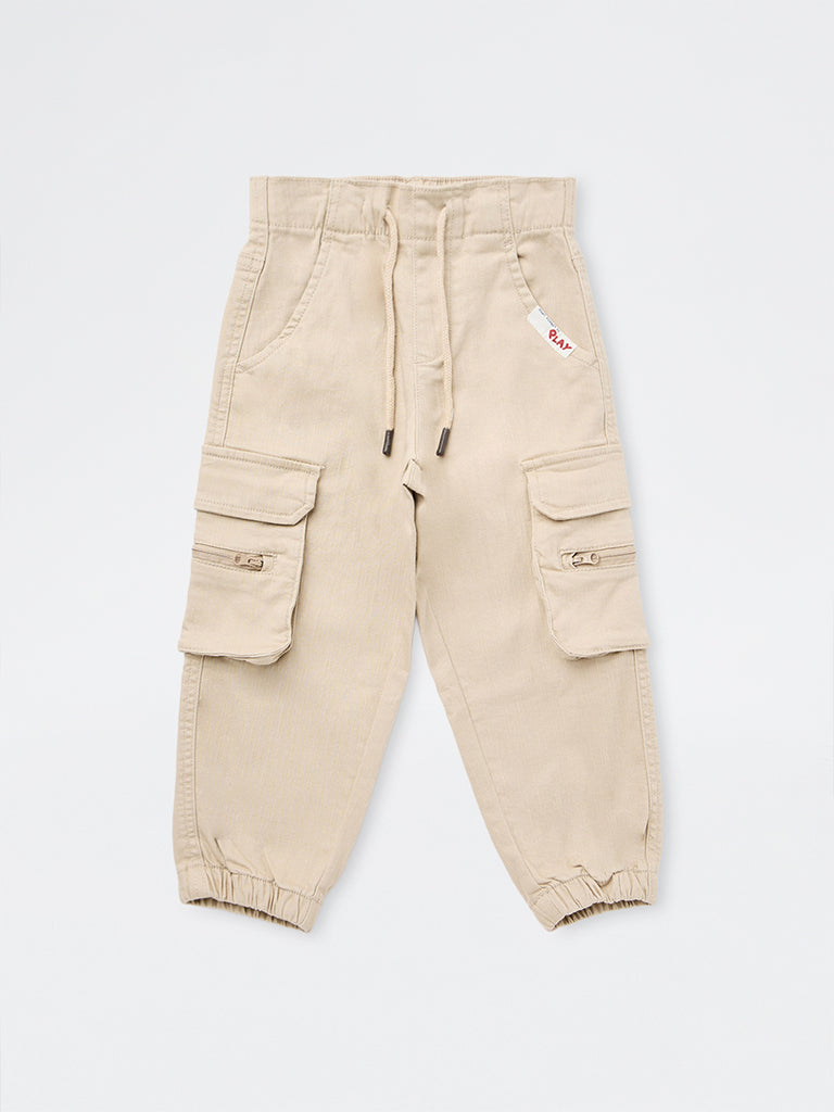 HOP Kids Boys Beige Cargo-Style Mid-Rise Denim Joggers