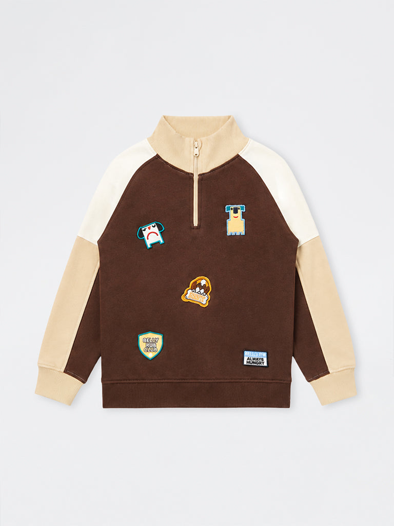 HOP Kids Boys Dark Brown Patch-Detail Cotton Sweatshirt