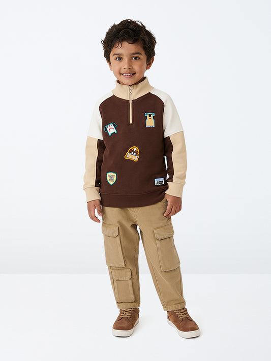 HOP Kids Boys Dark Brown Patch-Detail Cotton Sweatshirt