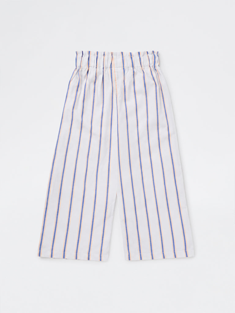 HOP Kids Girls White Striped High-Rise Cotton Trousers
