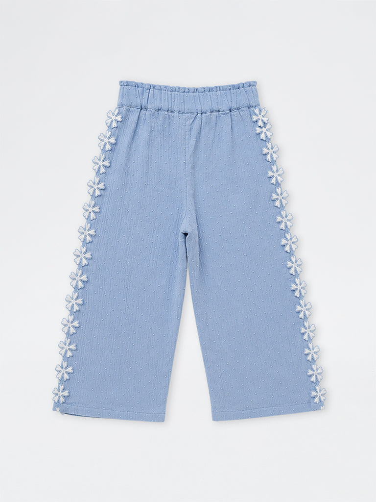 HOP Kids Girls Dusty Blue Floral Design High-Rise Cotton Trousers