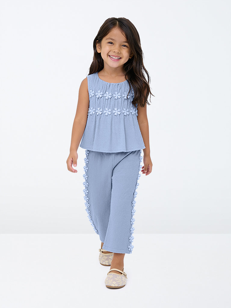 HOP Kids Girls Dusty Blue Floral Design High-Rise Cotton Trousers