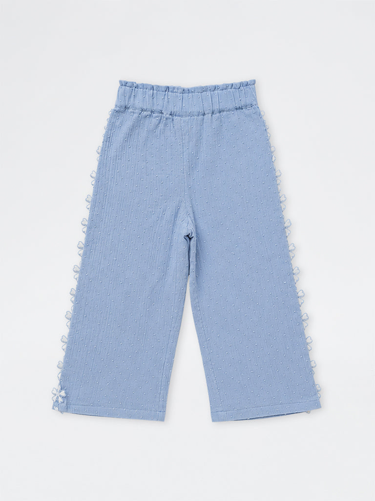 HOP Kids Girls Dusty Blue Floral Design High-Rise Cotton Trousers