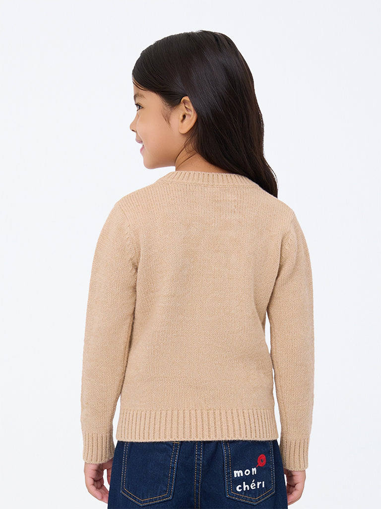 HOP Kids Girls Beige Bear Embroidered Sweater