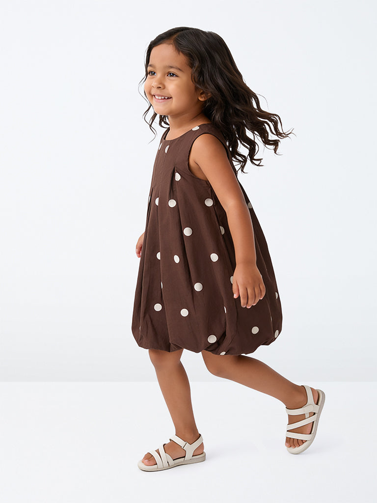 HOP Kids Girls Dark Brown Polka Dot Printed Cotton Bubble Dress