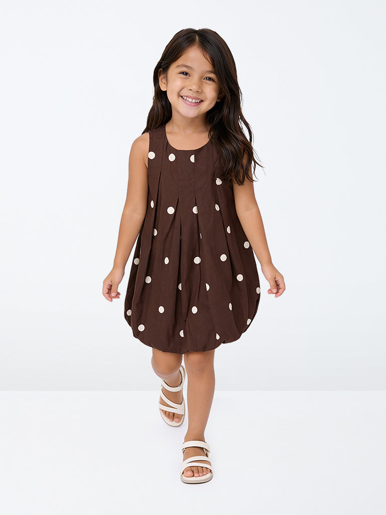HOP Kids Girls Dark Brown Polka Dot Printed Cotton Bubble Dress