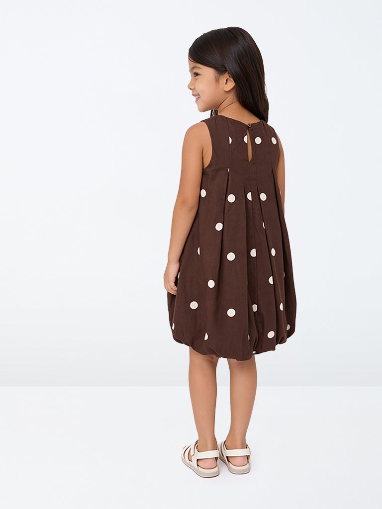 HOP Kids Girls Dark Brown Polka Dot Printed Cotton Bubble Dress