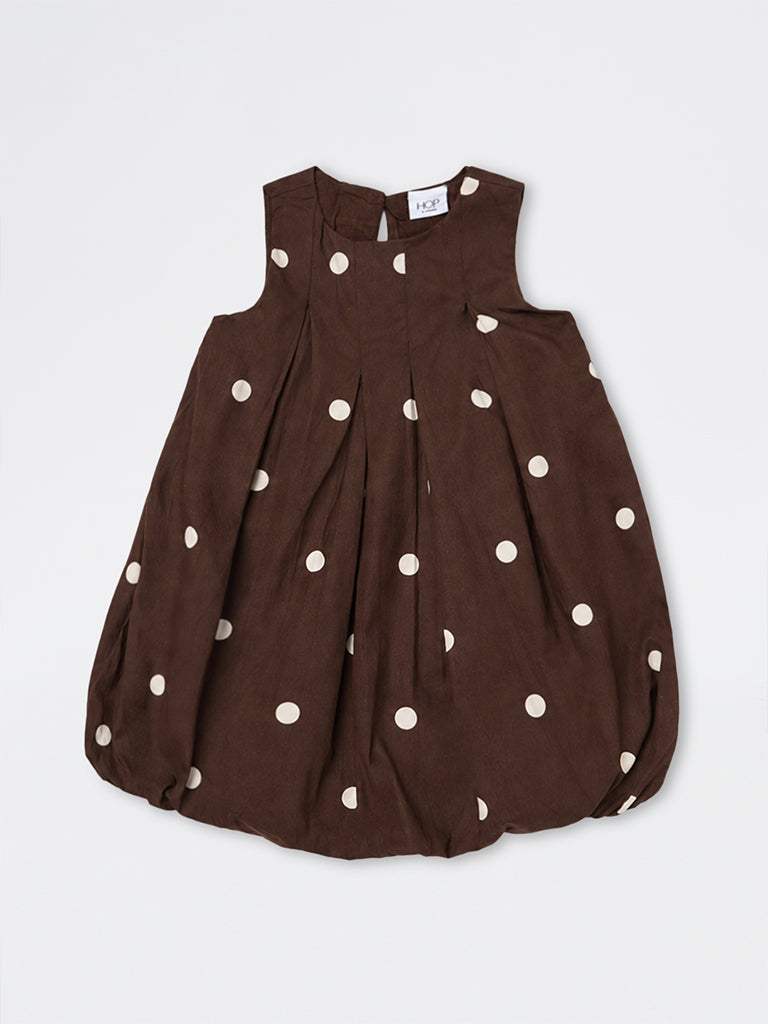 HOP Kids Girls Dark Brown Polka Dot Printed Cotton Bubble Dress