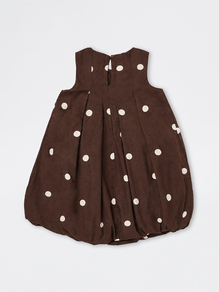 HOP Kids Girls Dark Brown Polka Dot Printed Cotton Bubble Dress