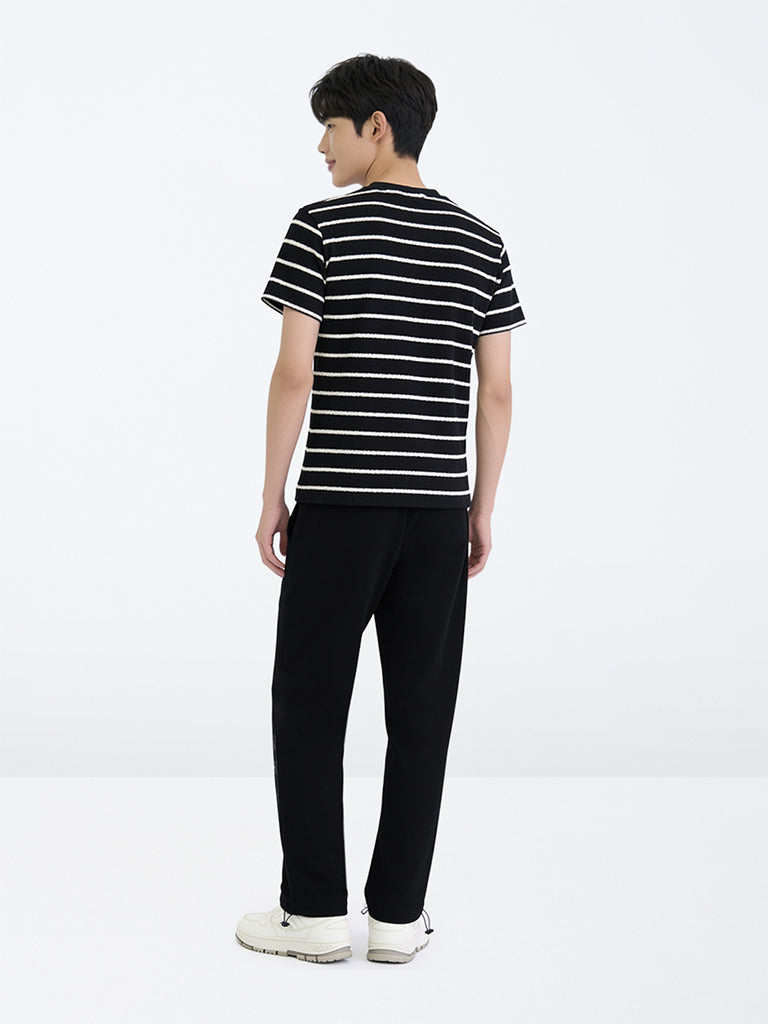 Boys Black Text Printed Mid-Rise Cotton-Blend Track Pants