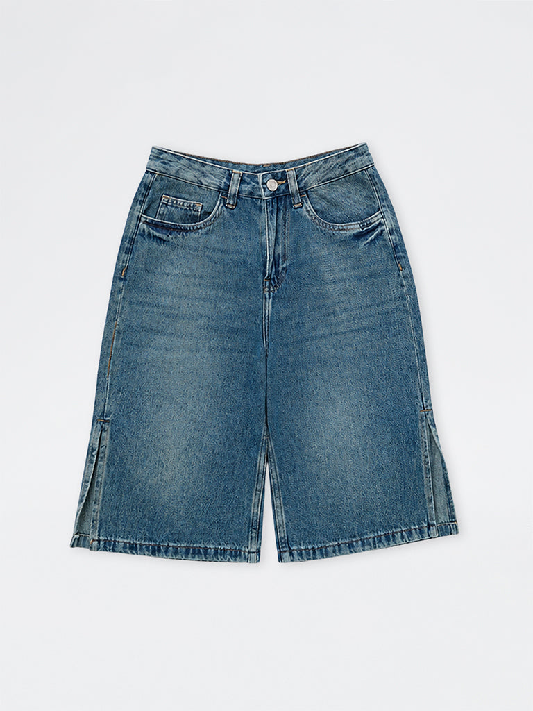 Girls Blue Washed High-Rise Denim Jorts