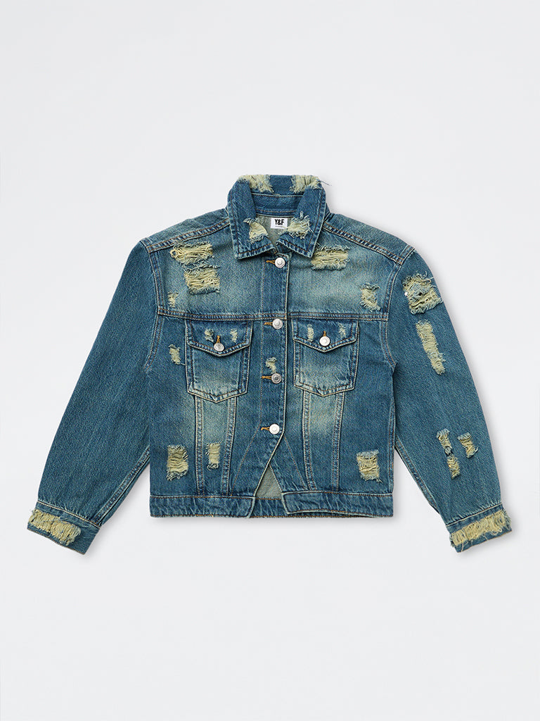 Girls Blue Distressed Denim Jacket
