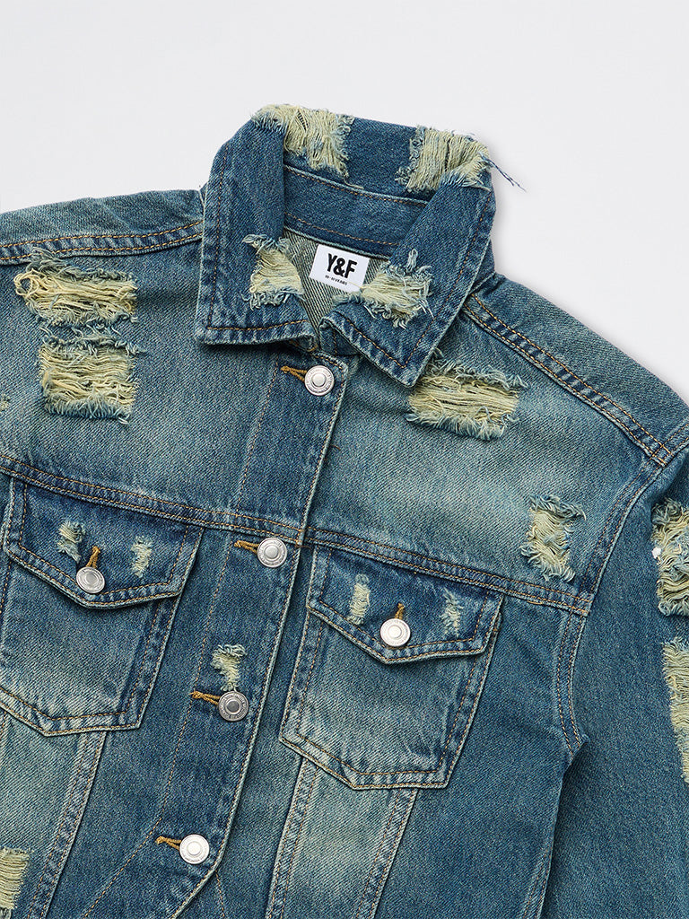 Girls Blue Distressed Denim Jacket