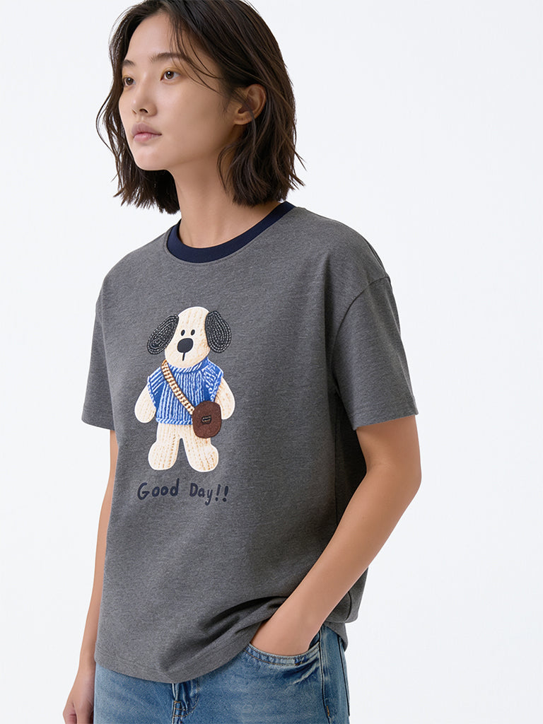 Girls Dark Grey Dog Printed Cotton-Blend T-Shirt
