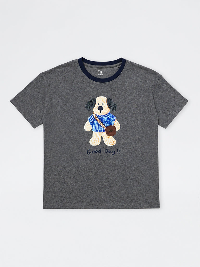 Girls Dark Grey Dog Printed Cotton-Blend T-Shirt