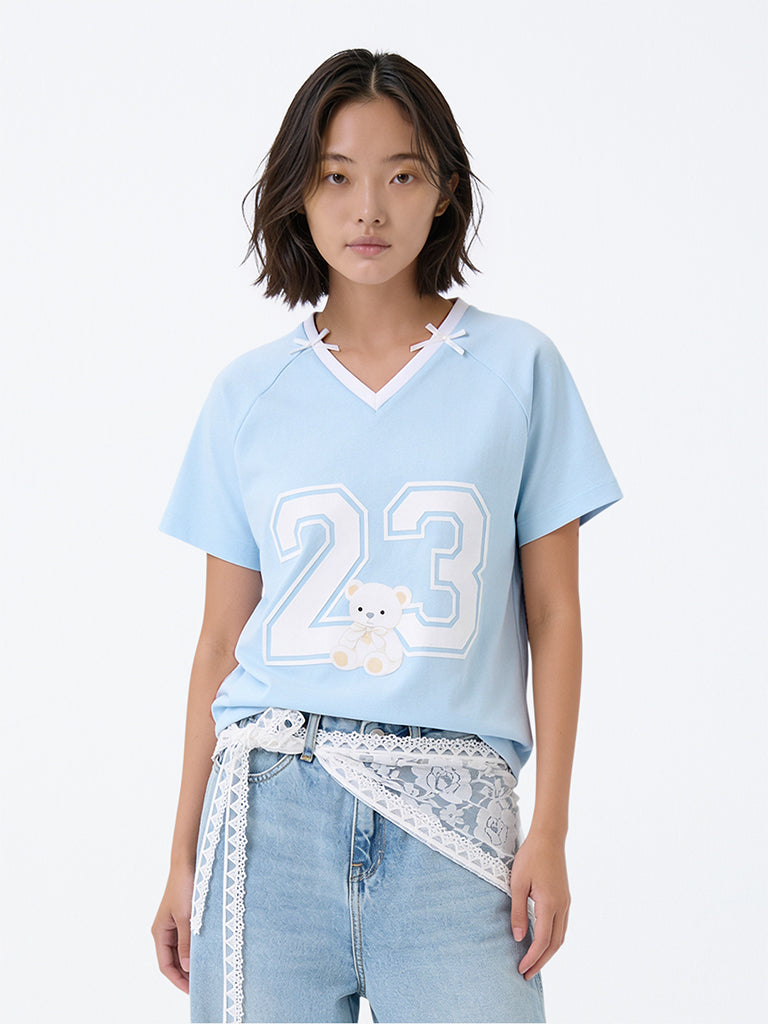 Girls Light Blue Numerical Printed T-Shirt