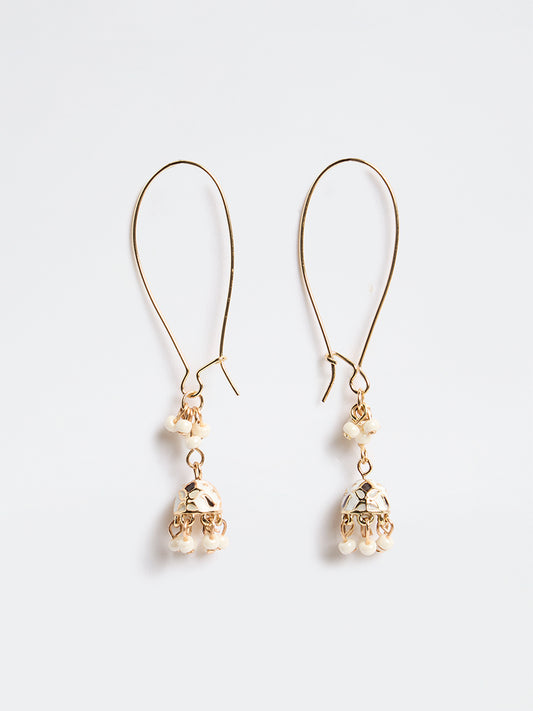 Westside Accessories Gold and White Fish Hook Jhumki Earrings