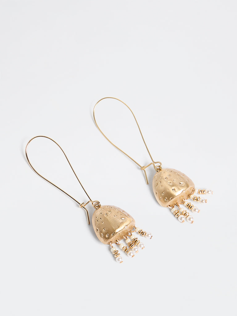 Westside Accessories Gold Textured Fish Hook Jhumki Earrings