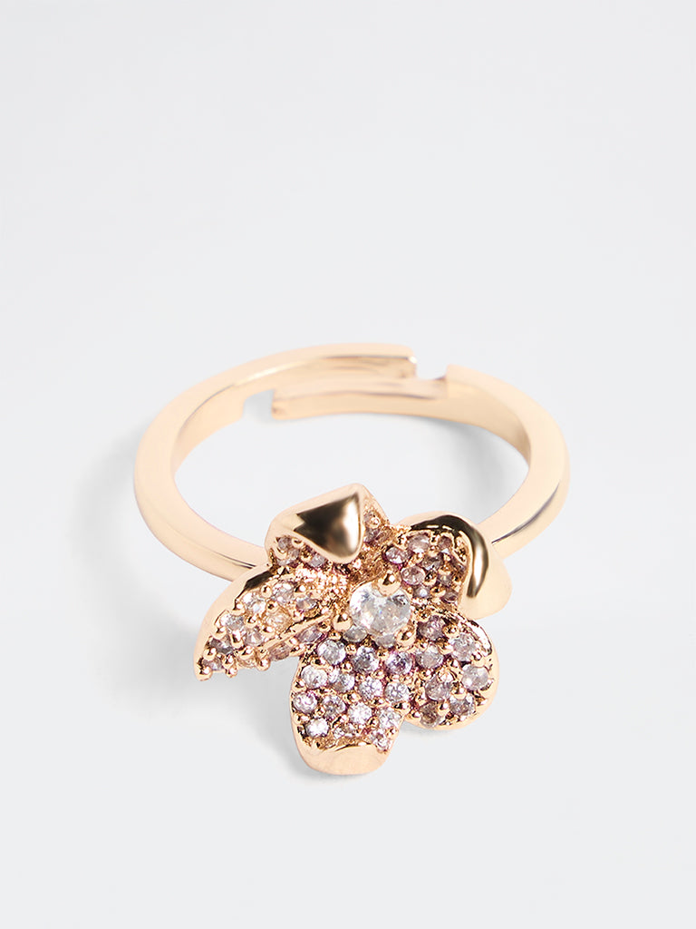 Westside Accessories Gold Crystal Embellished Floral Ring