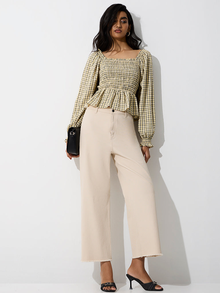LOV Yellow Checkered Smocked Peplum Top
