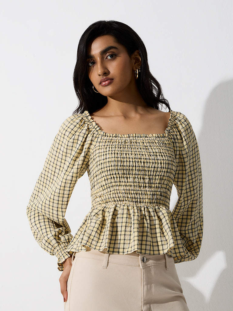 LOV Yellow Checkered Smocked Peplum Top
