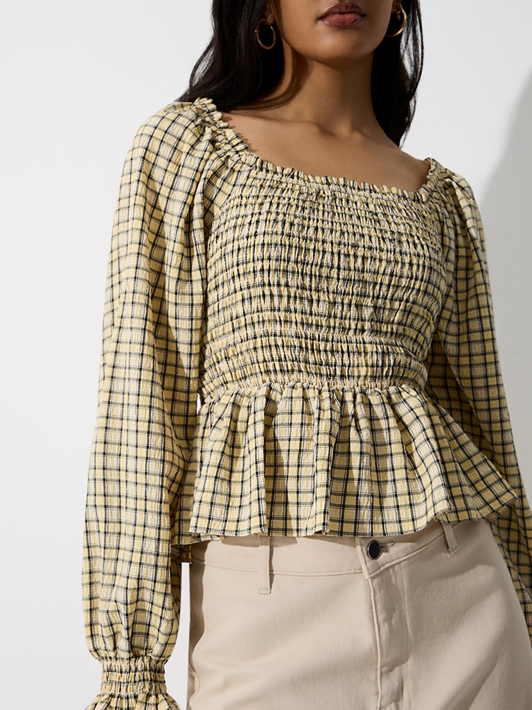 LOV Yellow Checkered Smocked Peplum Top