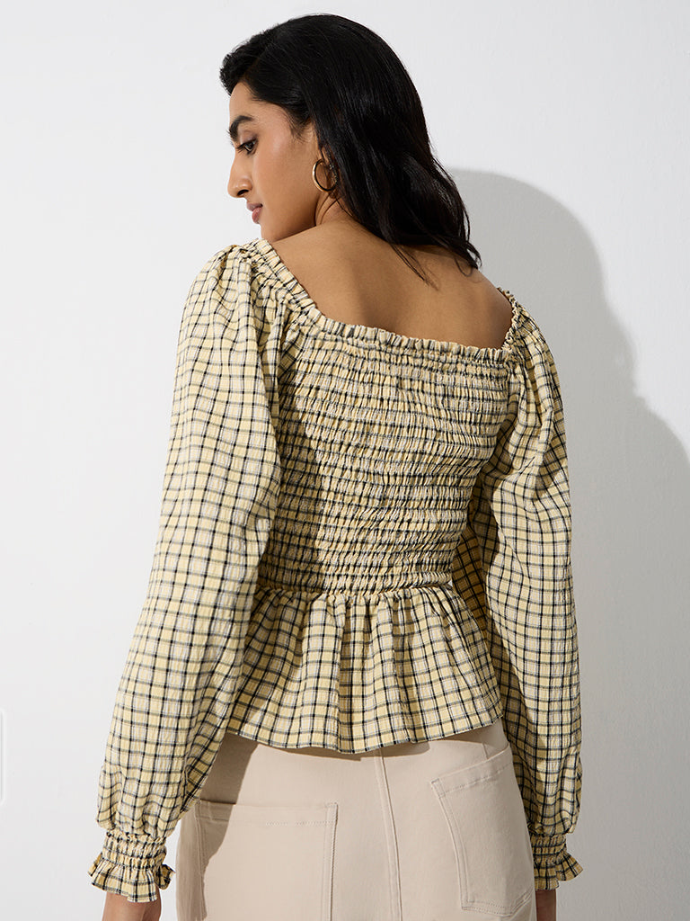 LOV Yellow Checkered Smocked Peplum Top