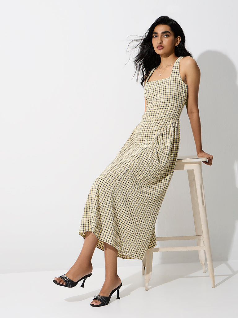 LOV Yellow Checkered A-Line Dress