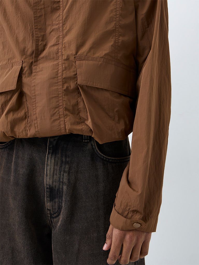 Nuon Brown Crinkle-Textured Oversized-Fit Jacket