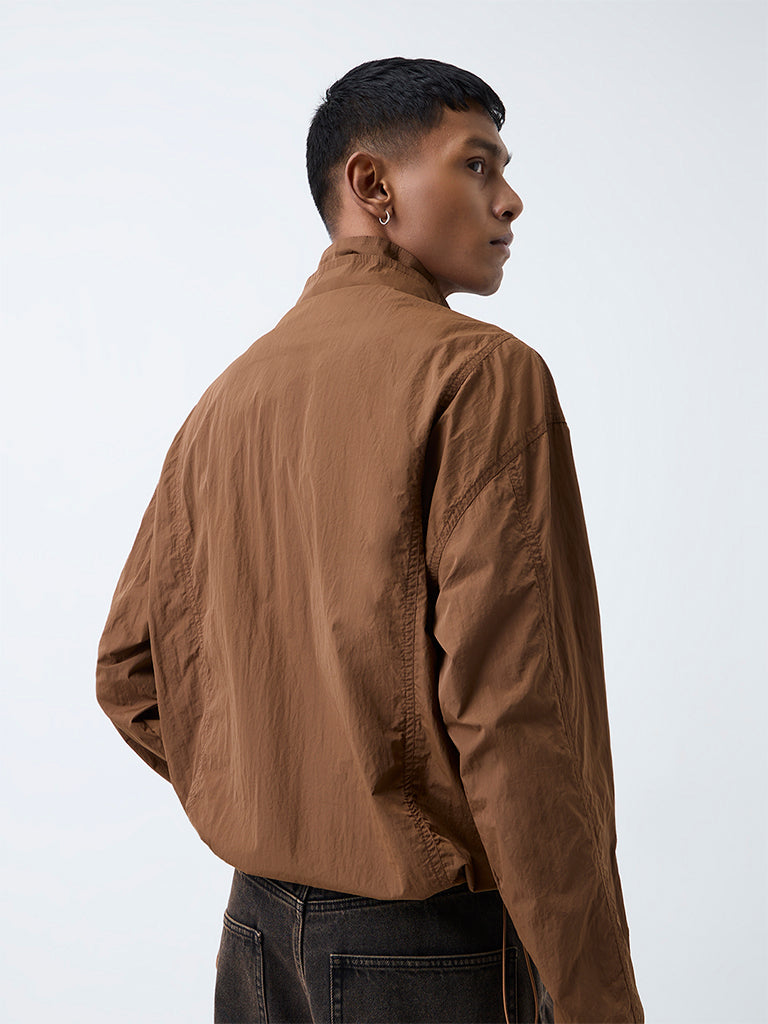 Nuon Brown Crinkle-Textured Oversized-Fit Jacket