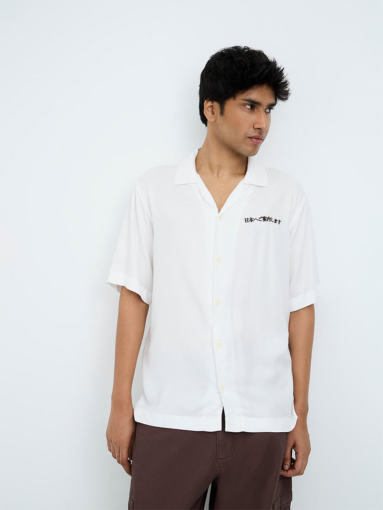 Nuon White Text Embroidered Relaxed-Fit Shirt