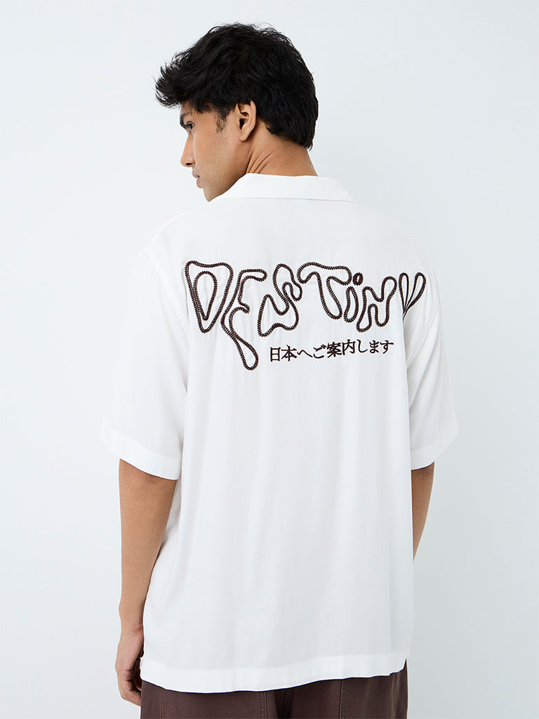 Nuon White Text Embroidered Relaxed-Fit Shirt
