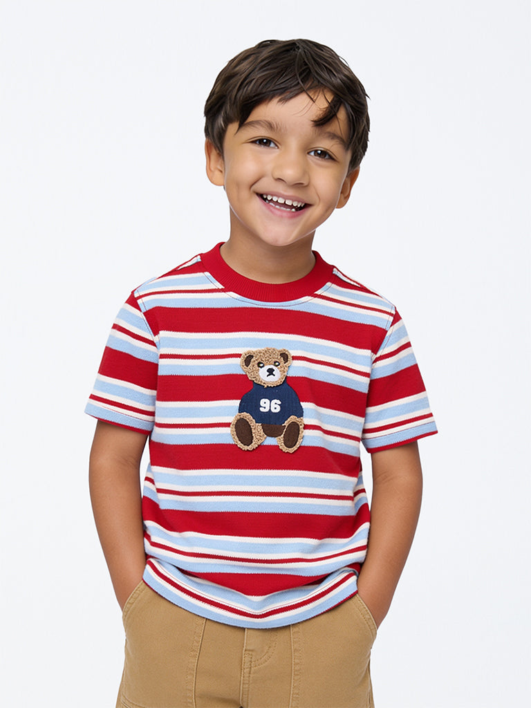 HOP Kids Boys Red Striped Cotton T-Shirt
