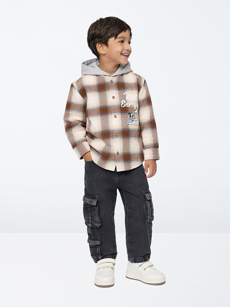 HOP Kids Boys Brown Checkered Cotton Hooded Shirt