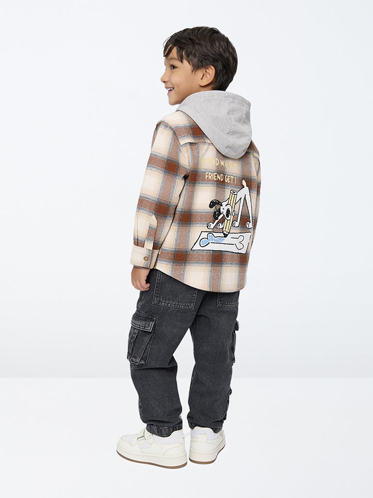 HOP Kids Boys Brown Checkered Cotton Hooded Shirt