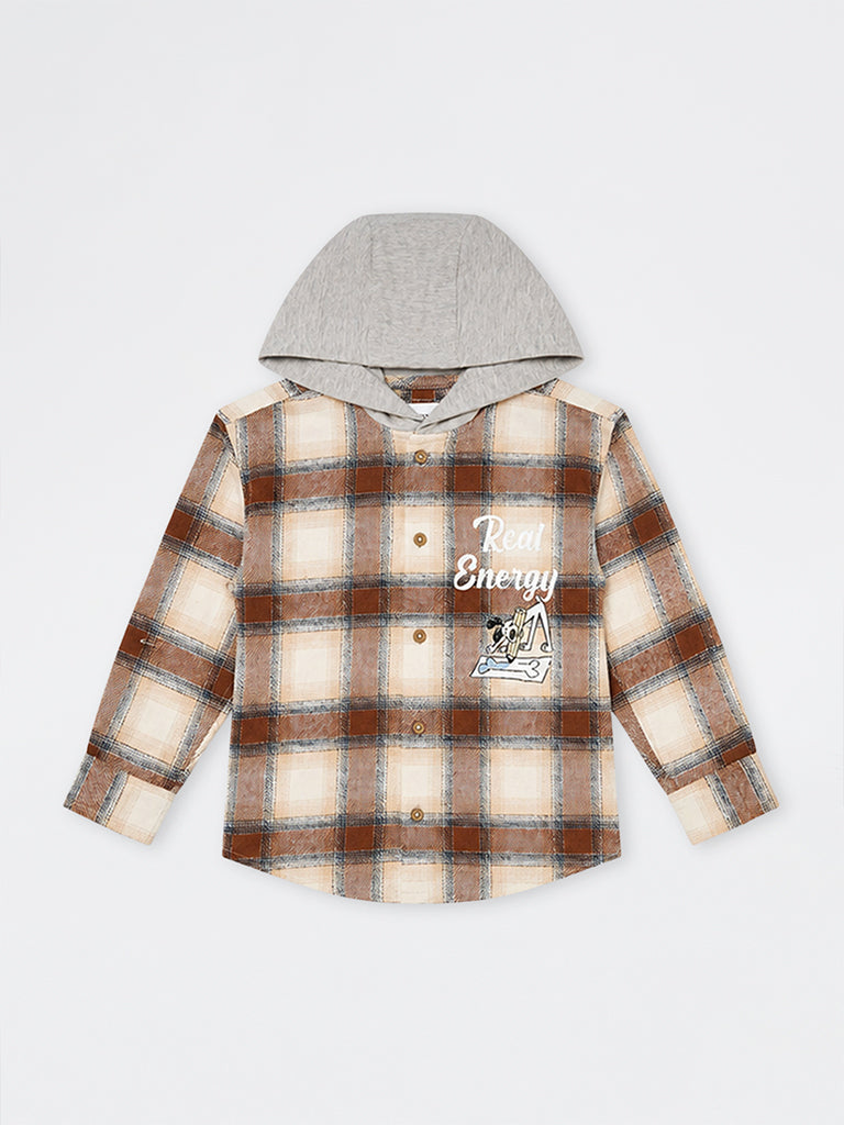 HOP Kids Boys Brown Checkered Cotton Hooded Shirt