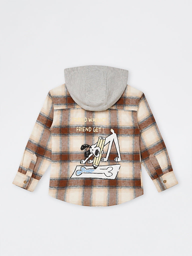 HOP Kids Boys Brown Checkered Cotton Hooded Shirt
