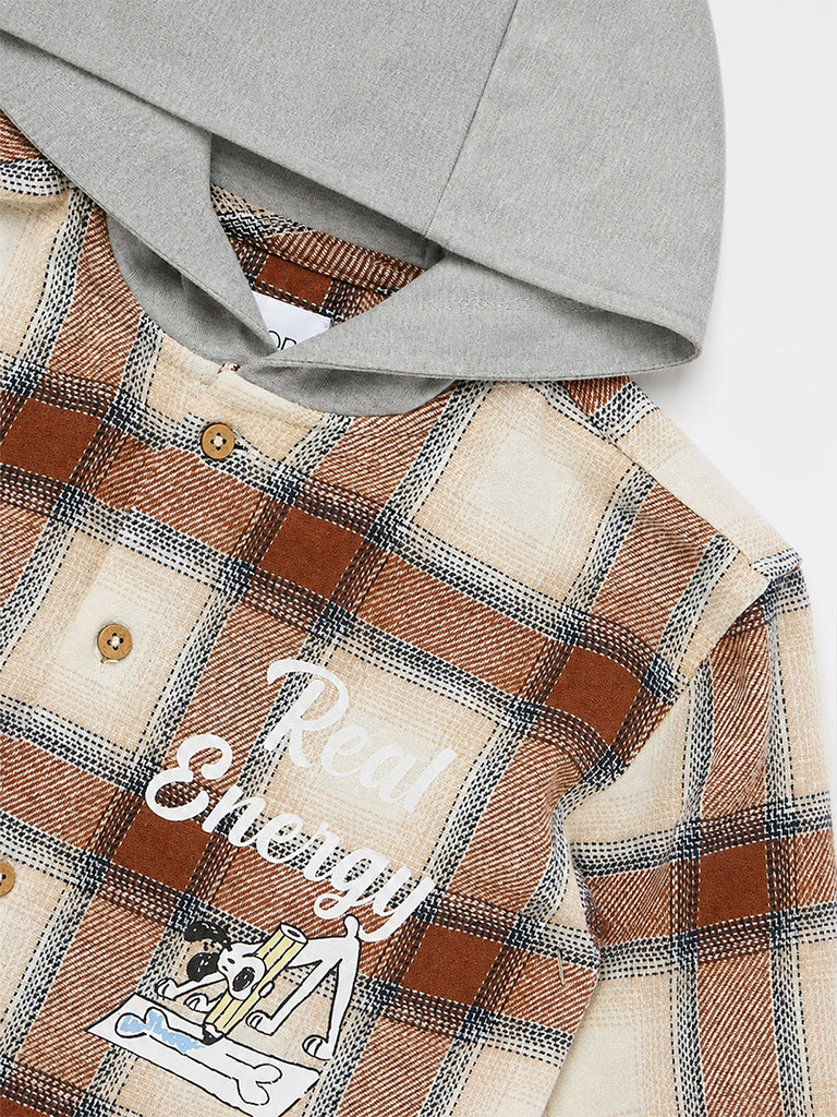 HOP Kids Boys Brown Checkered Cotton Hooded Shirt