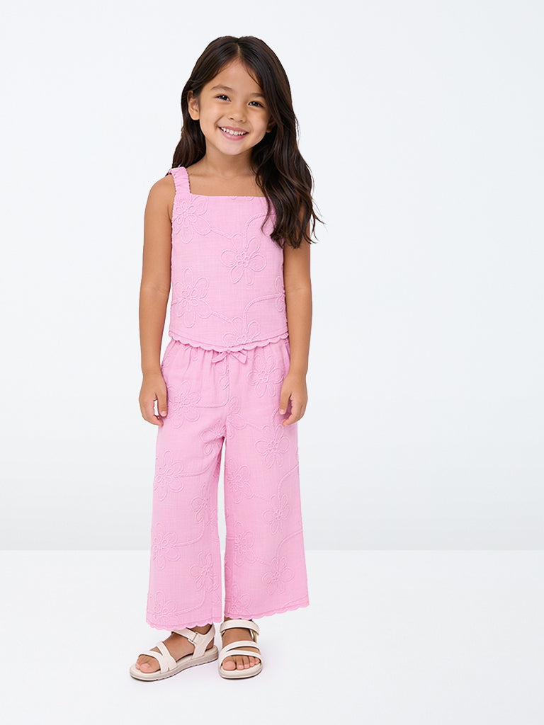 HOP Kids Girls Pink Floral Embroidered High-Rise Cotton Pants