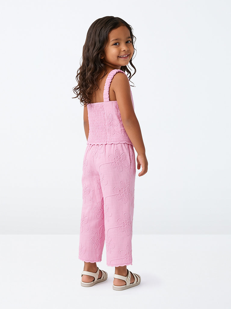 HOP Kids Girls Pink Floral Embroidered High-Rise Cotton Pants