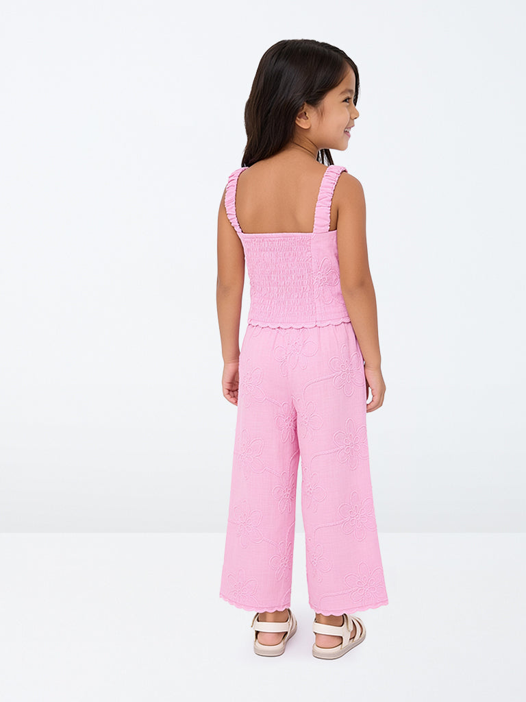 HOP Kids Girls Pink Floral Embroidered High-Rise Cotton Pants