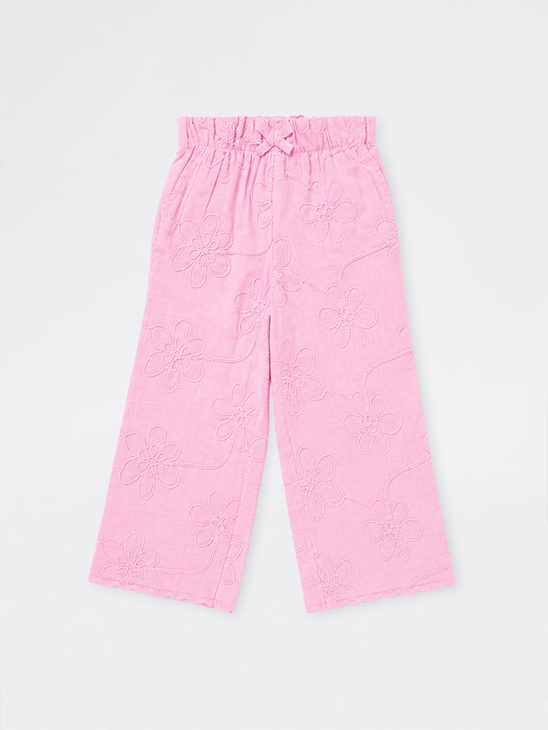 HOP Kids Girls Pink Floral Embroidered High-Rise Cotton Pants