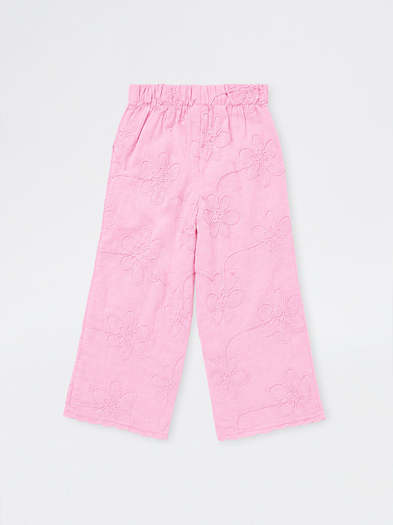HOP Kids Girls Pink Floral Embroidered High-Rise Cotton Pants