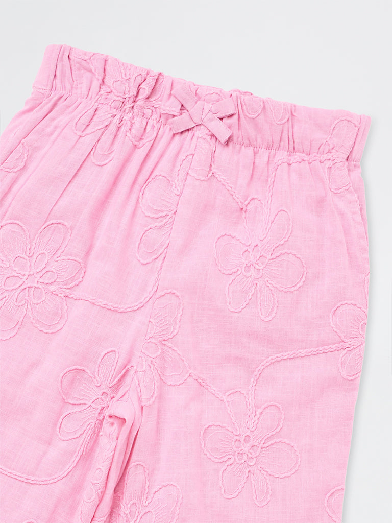 HOP Kids Girls Pink Floral Embroidered High-Rise Cotton Pants