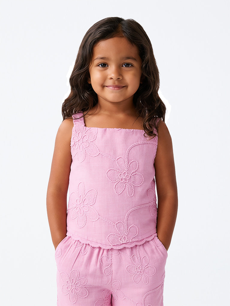 HOP Kids Girls Pink Floral Embroidered Cotton Top