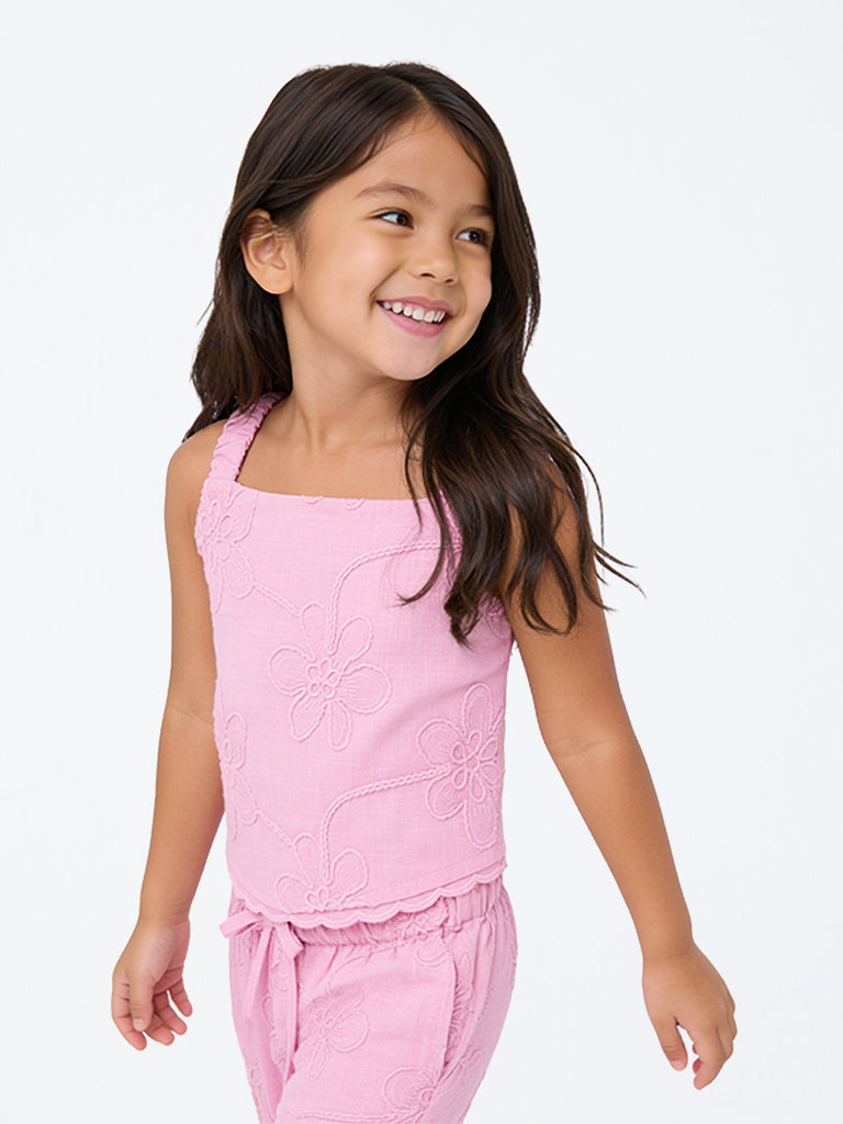 HOP Kids Girls Pink Floral Embroidered Cotton Top