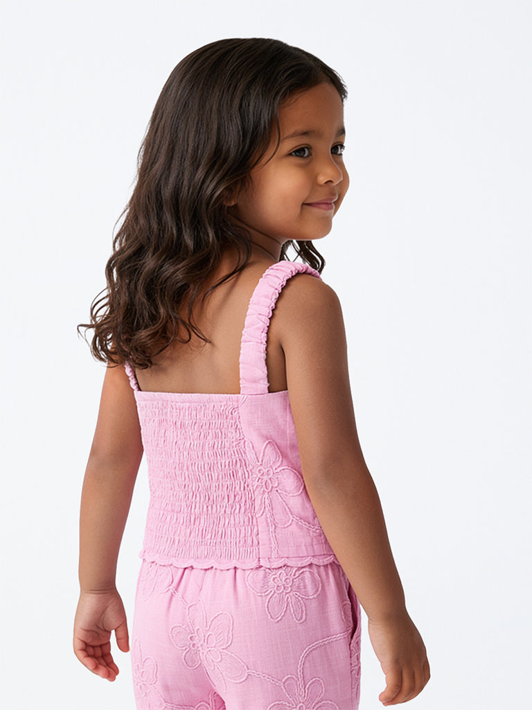 HOP Kids Girls Pink Floral Embroidered Cotton Top