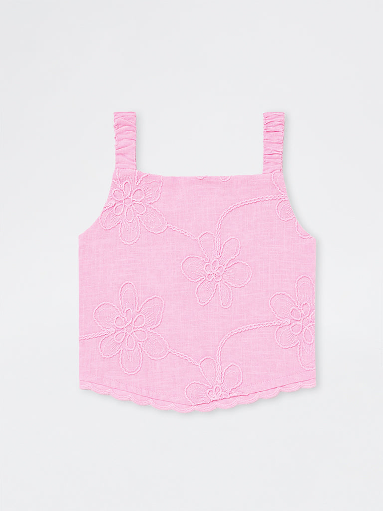 HOP Kids Girls Pink Floral Embroidered Cotton Top