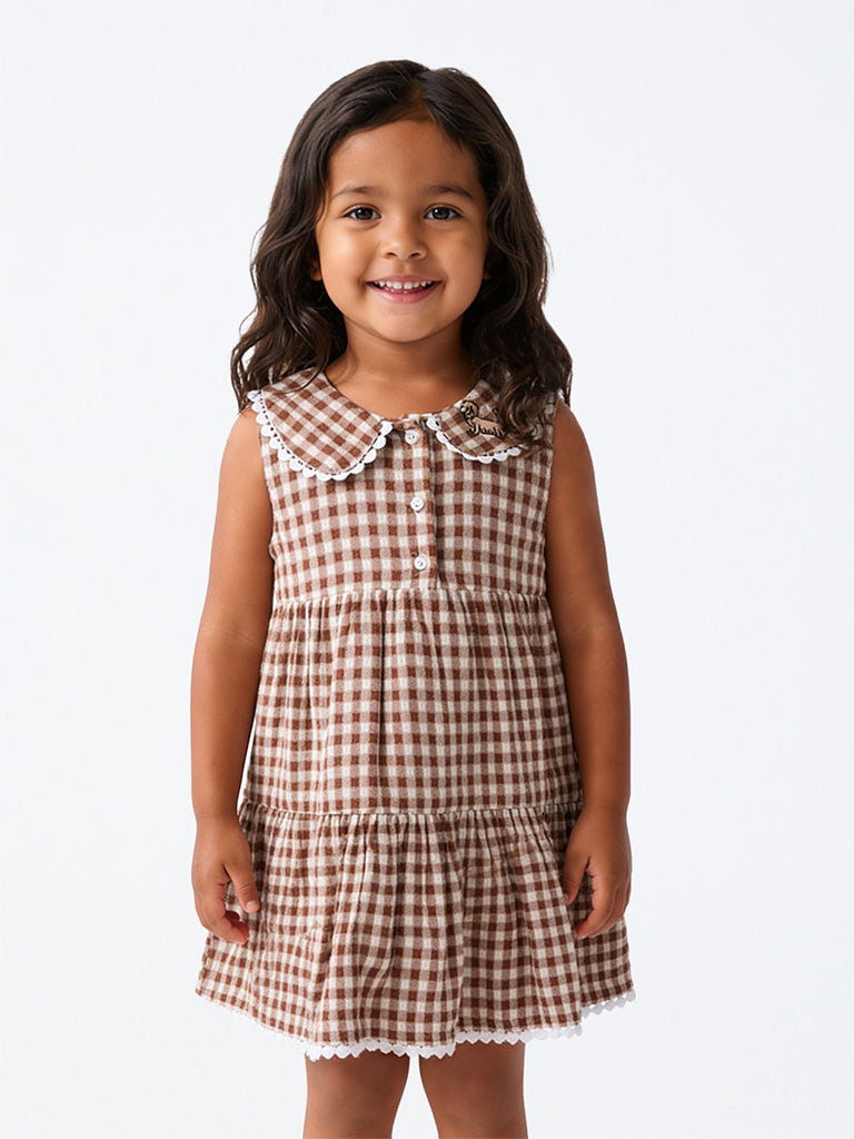 HOP Kids Girls Brown Gingham Checkered Cotton A-Line Dress