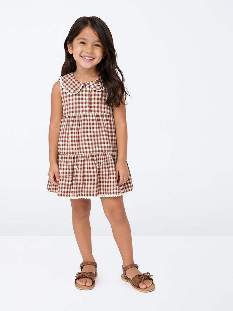 HOP Kids Girls Brown Gingham Checkered Cotton A-Line Dress